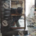 Nailing a sofa with a nail machine - Log, colour and B&W