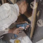 Fixing wood with drill machine - Log, colour and B&W