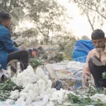 Two men arranging white flowers, chrysanthemums - Log, colour and B&W