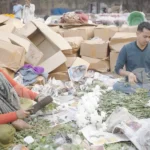 People sorting through a large amount of flowers - Log, colour and B&W
