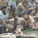 Man Cleaning Fish - Log, colour and B&W