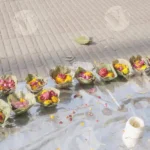 Marigold and other flowers and Leaf bowls for religious Things - Log, colour and B&W