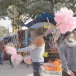 Man Selling Cotton Candy in Market - Log, colour and B&W