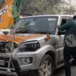 BJP Rally on Road - log, color and B&W