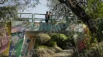 People Crossing a Small Bridge - Log, colour and B&W