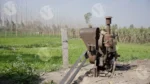 A Stationary Diesel Engine being used for agriculture - Log, colour and B&Wural irrigation in a field.
