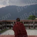 A Monk Standing in a Courtyard of  a Building with aLarge Mountain in the Background - Log, colour and B&W